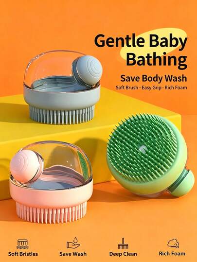 Transparent Press Liquid Dispensing Bath Brush For Baby & Kids, Soft Bristle Shampoo Scrubber, Household Massage Cleansing Bathing Supplies
