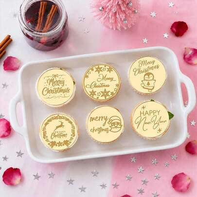60pcs/20pcs/10pcs Acrylic Merry Christmas Cupcake Toppers, Gold Round Santa Penguin Reindeer Cake Topper Picks For Christmas New Year Party Decor