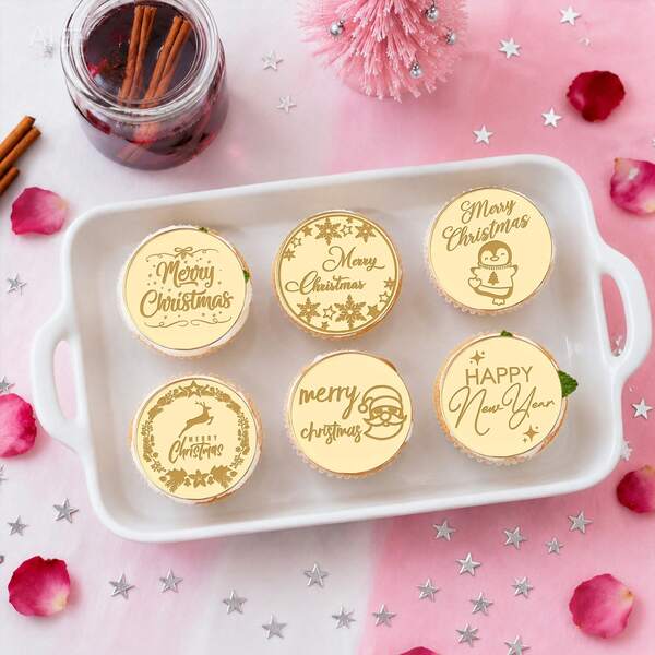 60pcs/20pcs/10pcs Acrylic Merry Christmas Cupcake Toppers, Gold Round Santa Penguin Reindeer Cake Topper Picks For Christmas New Year Party Decor
