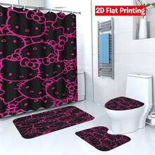 SANRIO Pink Hello Kitty Pattern Black Background Shower Curtain Set 4pcs (Includes 2 Bath Mats + 1 Toilet Lid Cover + 1 Shower Curtain), Easy To Clean And Durable, Suitable For Bathroom And Guest Room - 4-piece Shower Curtain Set - View 2