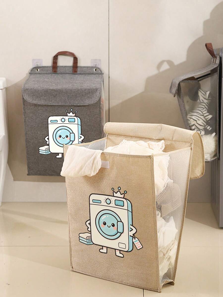 Washing Machine Pattern Printed Wall-Mounted Laundry Basket, Large Foldable Dirty Clothes Storage Bin, Suitable For Dorm Life, Hook, Space-Saving Hanging Storage, Applicable For Bathroom And Small Apartment, Laundry Basket, Storage Bin, Home Essential - Multicolor - View 1