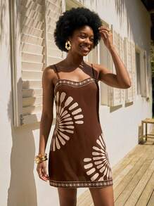 CAJUNI Vacation Casual Geometric Print Camisole Dress,Bohemia,Werstern,Tropical Parrot Pattern,Suitable For Summer Outfits,Summer Dresses Women,Beach Elegant - Brown - View 5
