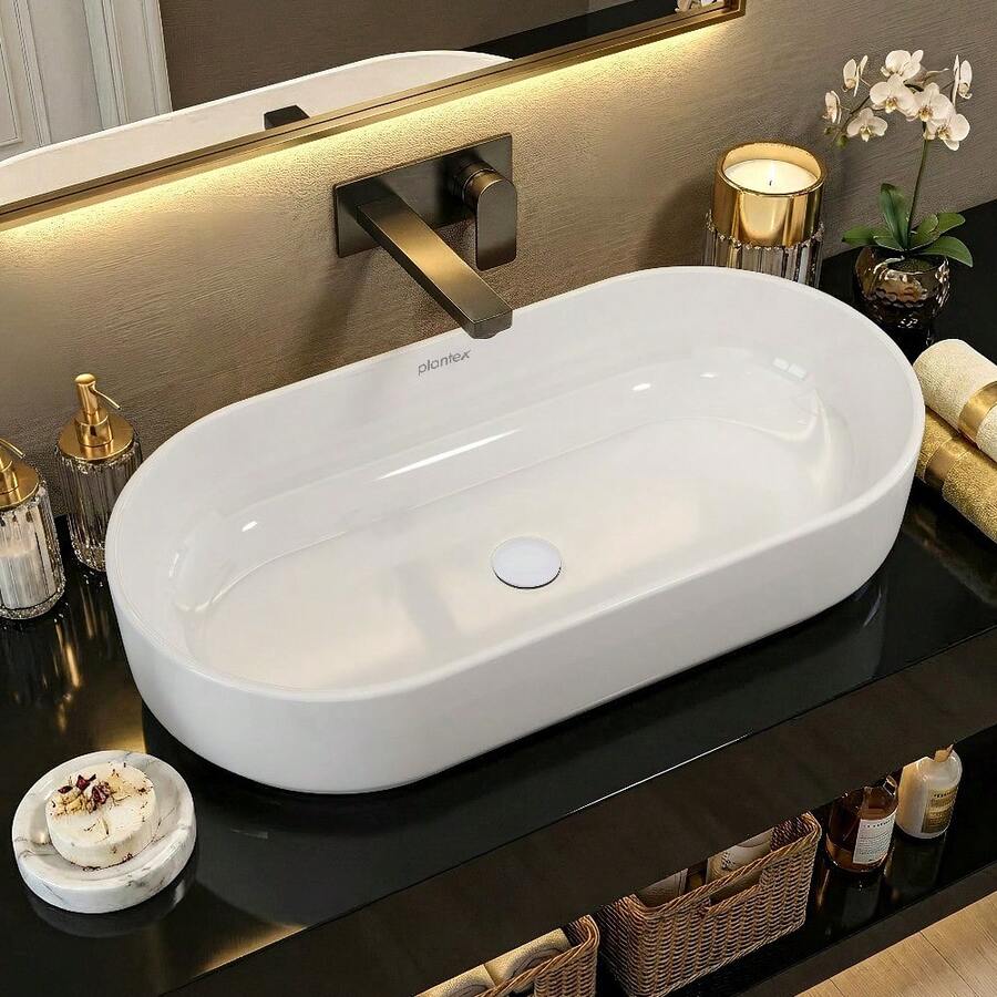 Ceramic Tabletop Wash Basin – Compact Oval Bathroom Sink For Modern Spaces, Smooth White Finish, Space-Saving Design (28 * 14.5 * 6 Inches) – Easy-To-Clean Surface, Rounded Edges, Lightweight Installation-Friendly Shape – Ideal For Small Bathrooms, P - White - View 1