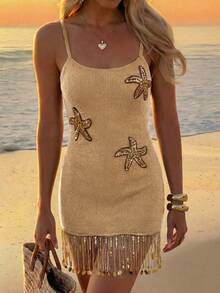 Sultry Sol Women's Summer 2026 New European & American Fashion Starfish Decor Tassel Design Beach Vacation Sleeveless Cover-Up Short Dress Elegant - Khaki - View 4