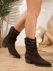 Lock-Hole Woven Edge Chunky Heel Western Boots Solid Color Patchwork Slouchy Boots Fashion Versatile Ankle Boots Slouchy Pointed Toe Suede Boots Suitable For Music Festival Halloween - Brown - View 3