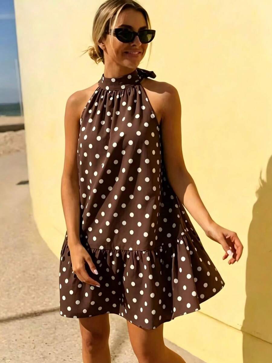 女款波點印花綁領露肩可愛休閒優雅顯瘦度假鬆身洋裝 派對夏季