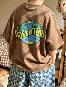 1pc Vintage Print Washed Short Sleeve Pullover T-Shirt, Young Boy Student Kids Summer Top For Play - Dark Grey - View 1