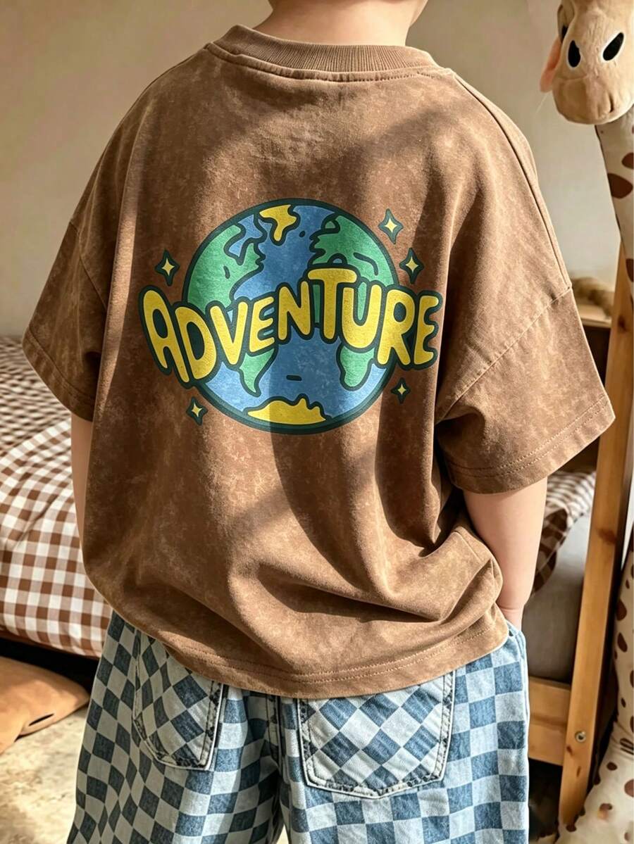 1pc Vintage Print Washed Short Sleeve Pullover T-Shirt, Young Boy Student Kids Summer Top For Play - Dark Grey - View 1