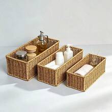 1 hộp lưu trữ hình chữ nhật đan thủ công giả mây, giỏ lưu trữ, giỏ đựng đồ linh tinh để bàn - Nhiều màu - Xem 1