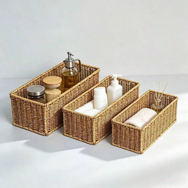 1PC Handmade Woven Faux Rattan Rectangular Storage Box, Storage Basket, Desktop Miscellaneous Retail Storage Basket