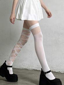 1 Pair Gothic Style Ripped Over-The-Knee Tights For Women - White - View 4