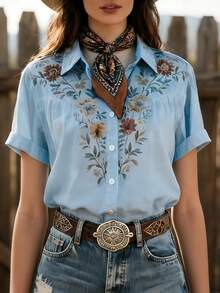 YI XUAN Women's Vintage Bohemian Print Short Sleeve Shirt, Suitable For Autumn, Winter, Summer, Fashionable Casual, Daily Wear, Vacation And Music Festival - Blue - View 5