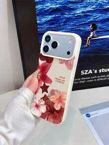 1pc White Matte Minimalist Lens Protection Red Flower English Pattern Phone Case, Personalized For IPhone 16 Pro Max/17/16/15/14/13/12/11/Air And Series - Multicolor - View 2