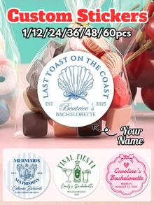 1/12/24/36/48/60 Pcs Custom Text Ocean-Themed Stickers, Round Personalized Name And Date Stickers, Wedding Invitation Seals And Gift Wrapping Labels, Romantic Anniversary And Valentine's Day Stickers, Couple Party Favor Stickers - Multicolor - View 1