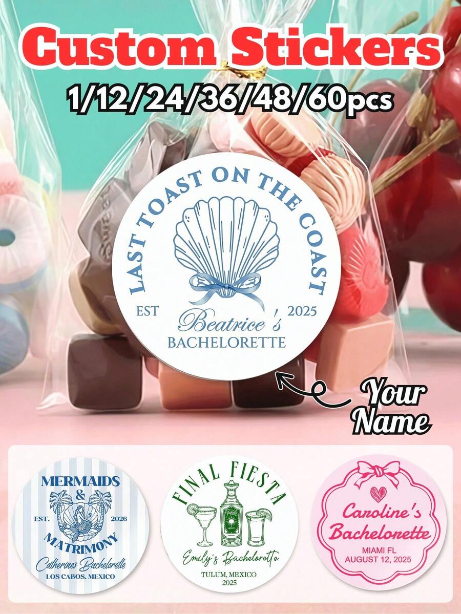 1/12/24/36/48/60 Pcs Custom Text Ocean-Themed Stickers, Round Personalized Name And Date Stickers, Wedding Invitation Seals And Gift Wrapping Labels, Romantic Anniversary And Valentine's Day Stickers, Couple Party Favor Stickers - Multicolor - View 1