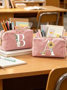1pc Customized Initial Minimalist Large Capacity Pencil Case, Corduroy Material Multi-Functional Pencil Case, School Supplies, Pencil Bag, Office Supplies, Back To School Gift, Pencil Bag, Backpack - Multicolor - View 2