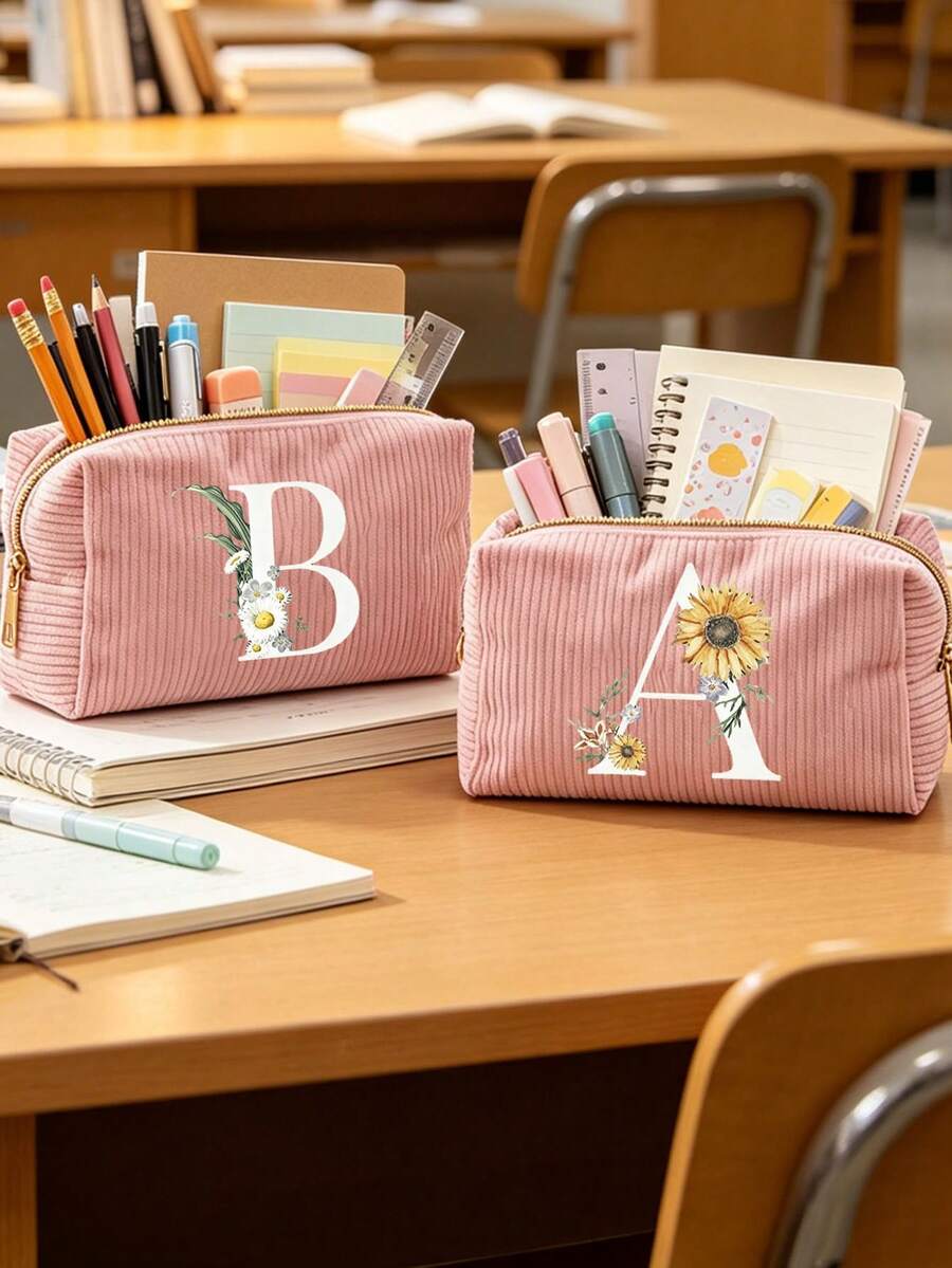 1pc Customized Initial Minimalist Large Capacity Pencil Case, Corduroy Material Multi-Functional Pencil Case, School Supplies, Pencil Bag, Office Supplies, Back To School Gift, Pencil Bag, Backpack