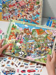 New All-Season Scenery Sticker Book, Panoramic Town Life Themed Landscape Stickers With Positioning Lines, Large Size, Educational Planner DIY Decorative Sticker Material - Rectangle - View 12