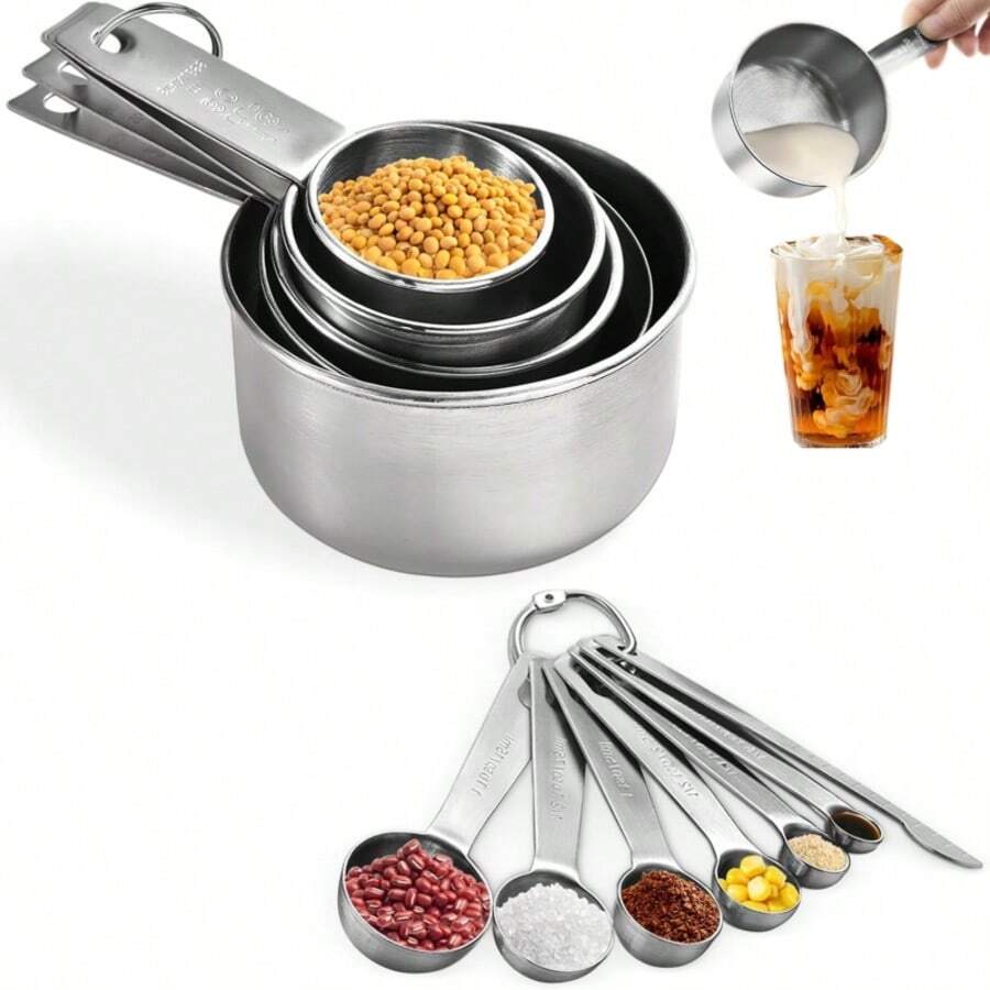 5/7/12pcs Stainless Steel Measuring Cups And Spoons Set, Baking Measuring Cups, Kitchen Gadgets, Cooking And Baking Kitchen Tools, Suitable For Most Spice Jars (Silver) - Silver - View 1