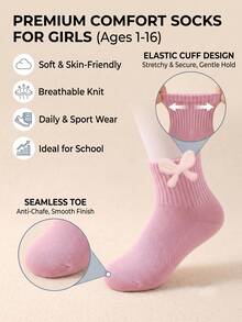 20 Pairs Girls Cute Bow Ribbed Mid-Calf Socks, Breathable Comfortable Soft, All Season Wear, Casual School Daily Wear, Suitable For Toddlers Children Teenagers 1-16 Years Old, Random Assortment - Multicolor - View 10