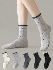 ZUJO 3 Pairs Sweet Women's Mid-Calf Socks, Polka Dot Pattern Bubble Lace Short Socks, Simple And Comfortable, Suitable For Spring, Autumn, Winter Sports Wear, Random Color - Multicolor - View 4