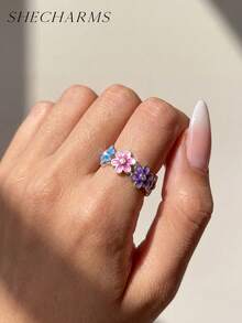 1 buah Cincin Bunga Perak Sterling 925 Bergaya, Bertatahkan Berlian, Aksesori Pesta untuk Pemakaian Sehari-hari Wanita, Cincin Berkualitas Tinggi - Gaya 4 - View 3