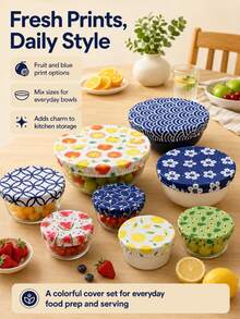 5pcs Reusable Bowl Covers, 5 Sizes, Elastic Fabric, Kitchen Storage Container Lids, Suitable For Fruit, Food, Leftover Dough, Bread Fermentation (Fashionable Style) - Multicolor - View 4