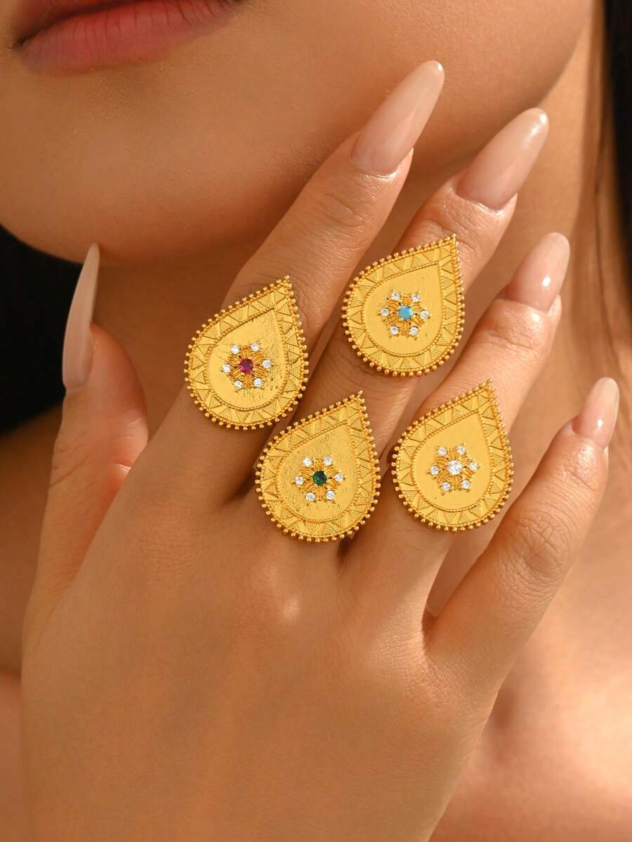 1pc Vintage Inlaid Synthetic Zirconia Teardrop Ring, Suitable For Men And Women To Wear At Banquets, Weddings And Festivals - Ring - View 1