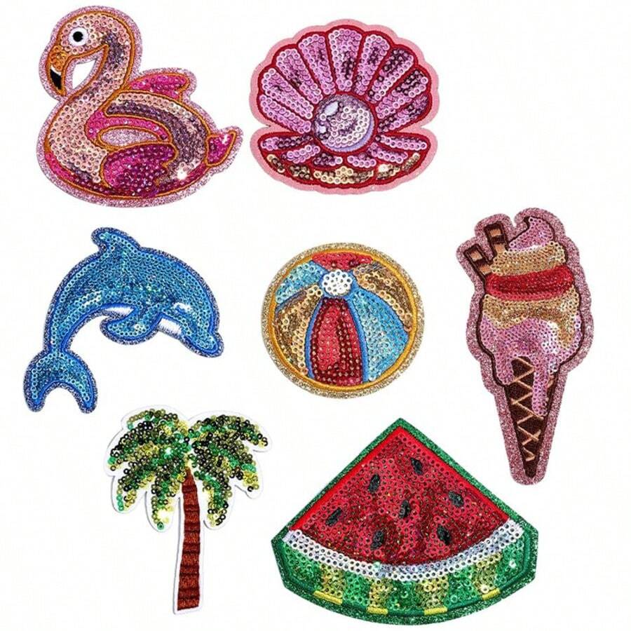 7 Stücke Sommer-Strandstil Bügel-Pailletten-Patch-Stickerei Muschel-Applikation zum Aufnähen DIY Modeaccessoires Feier Dekoration Patches, geeignet zum Reparieren von Kleidung, Taschen, Jacken, Rucksäcken