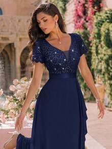 MIUSOL Deep V-Neck Contrast Sequin Lace Ruffle Trim Chiffon Formal Party Maxi Dress,Formal Evening Gown - Navy Blue - View 11