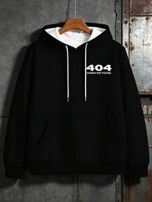 Plus Size Men's Hoodie, Tall Men, Men's Streetwear Series, 404 ERROR Minimalist English Slogan Text Print, Hooded Design, Kangaroo Pocket, Suitable For Plus Size Body, Casual Print, Suitable For Daily Wear - Black - View 4
