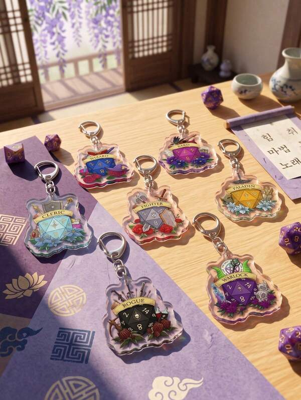 1pc/7pcs Fantasy Tabletop RPG Acrylic Keychain With D20 Dice And Class Designs, Vintage Illustration Style Pendant, Can Decorate Backpacks And Phones, Perfect Accessory For Tabletop Game Enthusiasts, Also Suitable For Campaign Check-In Souvenirs And Holiday Gifts.