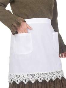1pc White Lace Trim Half Apron, Double Pocket Design, Waitress Work Apron For Restaurant, Milk Tea Shop, Hotel Cleaning Staff - White - View 4
