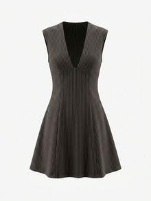 VINOVA Women's Business Casual V-Neck Pinstripe Sleeveless Mini Dress, Suitable For Office Commute Summer Professional Workplace Style Dress - Brown - View 4