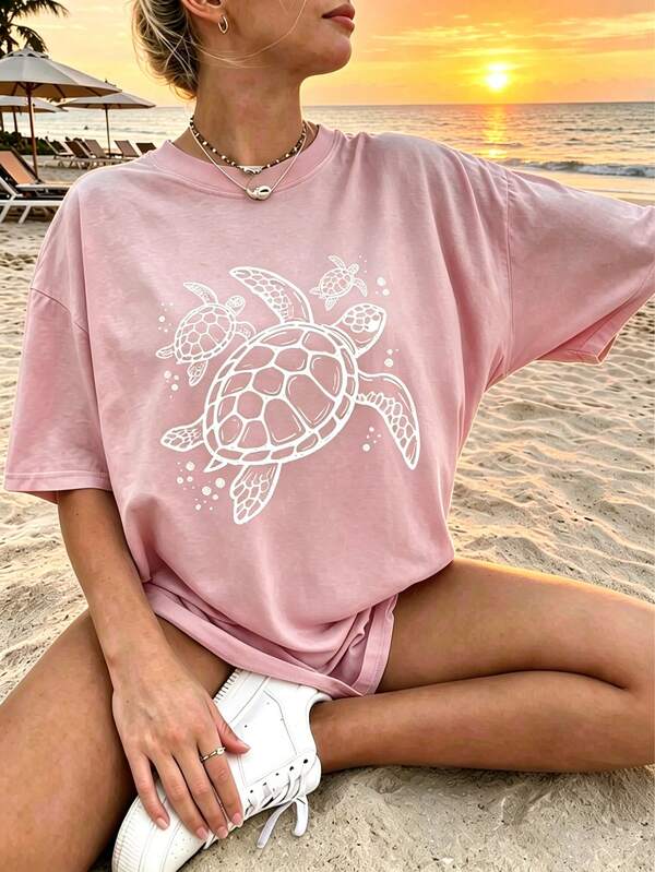 Women's Ocean Style Print T-Shirt, Swimming Turtle Pattern Loose Short Sleeve Summer Beach Vacation Casual Round Neck Pink T-Shirt