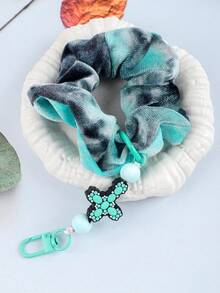Scrunchie de Veludo Tie Dye com Chaveiro de Pingente de Letra, Elástico de Cabelo em Tecido Degradê com Pingente de Contas, Suporte de Rabo de Cavalo Elástico Macio, Pulseira da Moda - 2850 - Visão 8