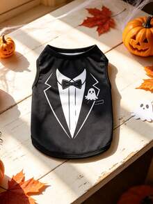 1pc Halloween Dog T-Shirt, Gentleman Tuxedo Print Pet Sleeveless Vest With Ghost Pattern, Cute Puppy Outfit, Suitable For Small And Medium Dogs, Party And Daily Wear Dog Clothes - Multicolor - View 2