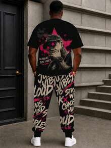 Plus Size Men's 2-Piece Set, Men's Long Pants, Graphic T-Shirt, Streetwear Series "Hip Hop Portrait Graffiti Font" Pattern Outfit - Polyester Fabric, Drawstring, Pockets, Suitable For Plus Size - Multicolor - View 5