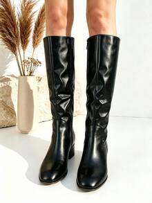 Women's Low Block Heel Tall Boots With Side Zipper, Perfect For Any Outfit - Black - View 3