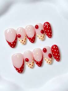 Uñas postizas Shecass de presión francesa color albaricoque nude rojo crema con lunares, decoración 3D de mariquita, estilo japonés lindo, vintage campestre dulce, brillantes, hechas a mano, reutilizables, para manicura diaria de primavera, festival de música, vuelta a clases, estilo Y2K, uñas de verano - Multicolor - Ver 3