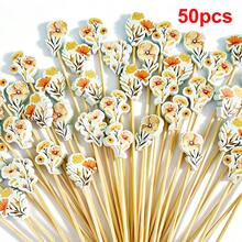 50/100pcs Autumn Wildflower Cocktail Picks, Autumn Floral Beverage Fruit Appetizer Toothpicks, Cupcake Decoration Skewers - Orange - View 7