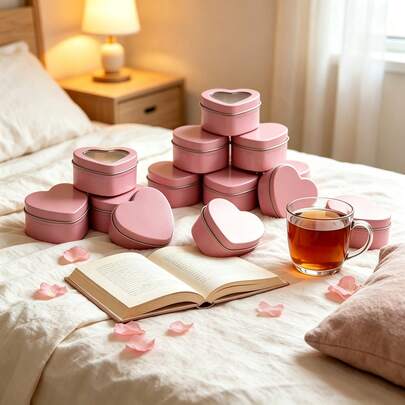 42Pcs Heart Shaped Candle Tins Set Pink Empty Metal Candle Jars With Lids DIY Candle Making Kit Includes 8 Candle Cans, 8 Wooden Wick Holders,15 Stickers,11 Candle Wicks For Soy Wax Handmade Scented Candle Gift