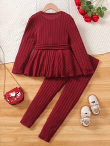 2pcs/Set Tween Girls Bowknot Tie-Waist Crew Neck Sweatshirt & Ribbed Sweatpants, Autumn - Red - View 3
