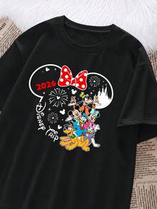 Retro Line Mickey Head 2026 Disney Family Fireworks Couple Short Sleeves, Simple Atmosphere Clock In Top - Women's - Black - View 2