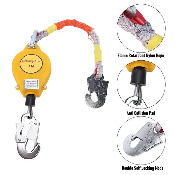 Línea de Vida Retráctil 3/5/7/10M con Cable de Acero, Anticaídas para Trabajo en Alturas de hasta 150kg, Bloqueo Doble de Se-guridad, Equipo de Protección Individual para Construcción y Rescate