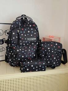 Dedoo Colorful Star Print 3Pcs Backpack Set, Label Decor Multi Zipper Pockets Adjustable Straps Student Bag For School Daily Travel Without Pendant - Black - View 5
