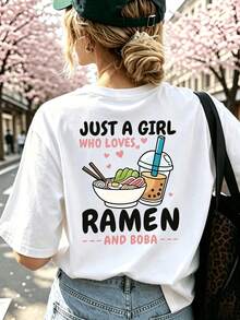 Short-Sleeved T-Shirt With Front And Back Prints - Perfect For Ramen Lovers And Bubble Tea Enthusiasts - A Choice For Women In Spring And Summer! - style2 - 查看 1