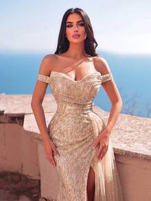 Faeriesty Glamorous Sequin & Beaded Mermaid Gown With High Slit Design Party Wedding Fall - Champagne - View 4