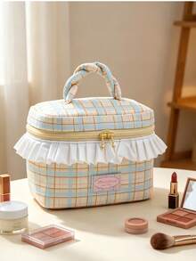 Girly Sweet Frill Trim Plaid Makeup Box Fresh INS Style Skincare & Cosmetics Storage Bag Large Capacity Toiletry Bag With Handle - Multicolor - View 10