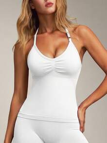 VVX 女款細肩帶背心，胸前抓褶設計，高彈性露背運動背心，透氣時尚百搭，適合瑜珈、健身、戶外及日常休閒穿著 - 白色 - 查看 2